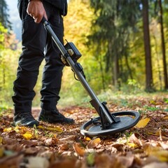 Obraz premium Man using a metal detector to find treasure in a sunlit autumn forest landscape.
