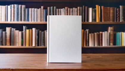 blank white book mockup stands on wooden table with bookshelf full of books in background ideal for educational publishing or mockup concepts book mockup