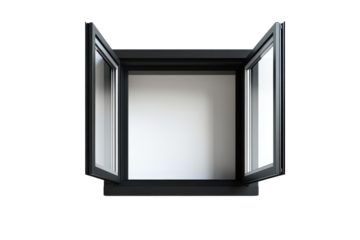 Open modern black window frame isolated on transparent background. Contemporary window isolated on white background.