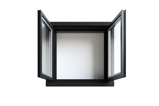 Open modern black window frame isolated on transparent background. Contemporary window isolated on white background.