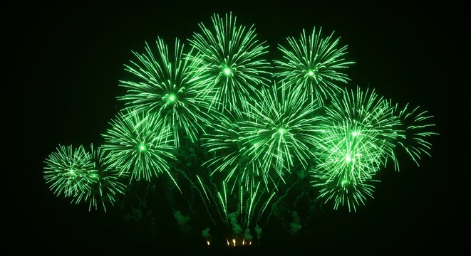Green fireworks display bursting against dark sky celebration