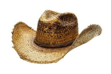 Brown woven cowboy hat isolated on transparent background. Cowboy hat isolated on white background.