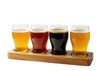 A flight of craft beers in different colors on a wooden tray for tasting and enjoying the flavors on transparent background