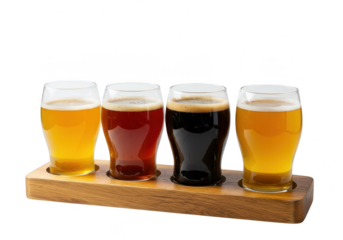 A flight of craft beers in different colors on a wooden tray for tasting and enjoying the flavors on transparent background