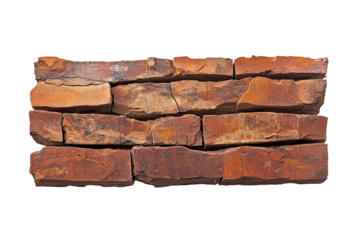Rough textured red bricks wall isolated on transparent background. Cracked red brick wall isolated on white background.