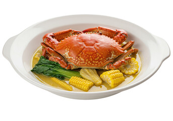 A vibrant crab dish featuring corn and leafy greens in a white bowl with a yellow broth base on transparent background