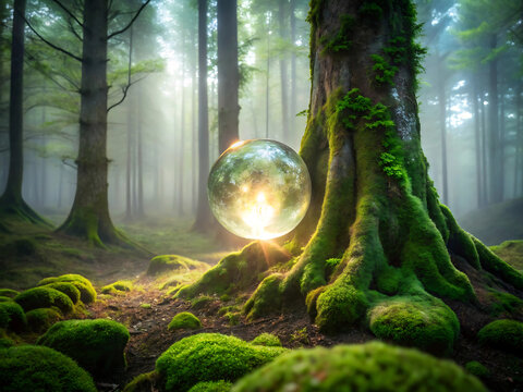Enchanted forest scene with a glowing orb nestled among mossy tree roots, creating a mystical atmosphere