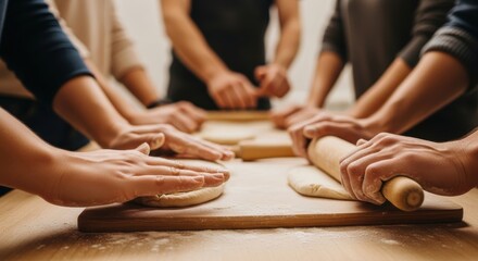 Diverse group baking together kneading dough in kitchen