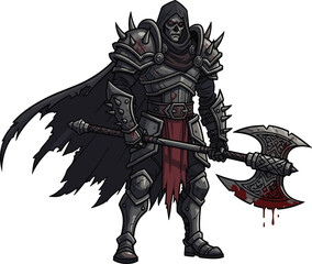 Dark fantasy warrior, undead knight, gothic armor, battle axe, skull face, horror character, combat pose, blood weapon, cad drawing, flat vector illustration
