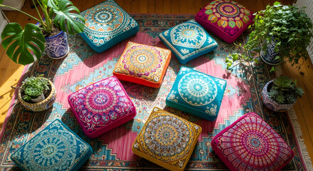 Elegant Cushions and Lush Plants Create Harmonious Ambiance in Bright and Vivacious Setting