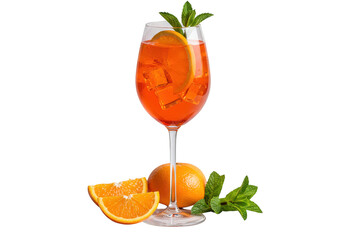 Aperol spritz in a wine glass garnished with orange slice and mint leaves with fruit on the surface on transparent background
