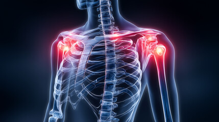 Human Shoulder Pain and Inflammation Highlighted in Red on X-ray Skeleton View