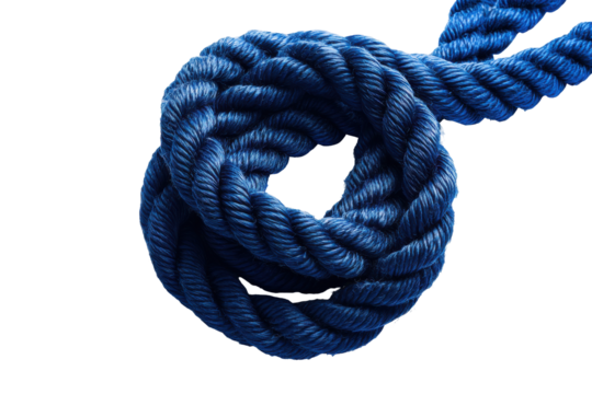 Thick blue rope tied in a knot isolated on transparent background. Coiled rope isolated on white background.