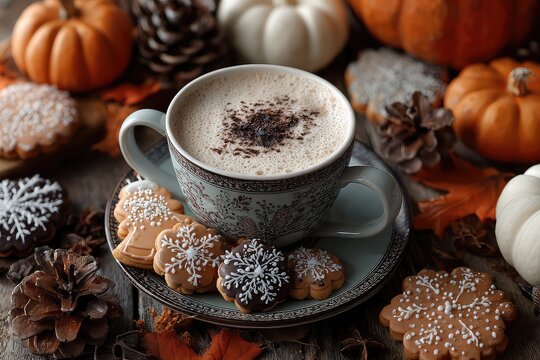 Flat lay of pumpkin spice latte with Halloween