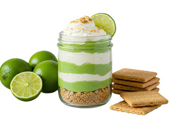 Key lime pie dessert in a jar with graham crackers and fresh limes on a plain, simple surface on transparent background