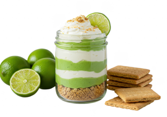 Key lime pie dessert in a jar with graham crackers and fresh limes on a plain, simple surface on transparent background