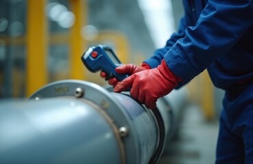 Pipeline technician in blue uniform, red gloves uses ultrasonic testing device on metal gas pipeline. Industrial inspection ensures safety, accuracy. Technician applies gel to pipe for precise