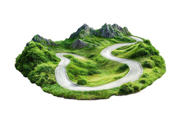 Miniature winding road through lush green mountains isolated on transparent background. Curvy mountain road with greenery isolated on white background.