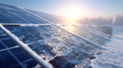 Close-up of Solar Panels Covered with Ice and Frost on a Cold Winter Morning