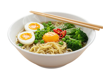 A bowl of ramen with eggs peas broccoli and chopsticks rests in a white bowl close up view on transparent background