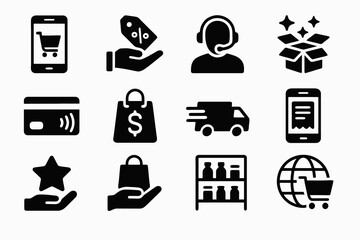Solid B2C icon pack. Includes such symbols as contactless card, online receipt, star badge, shelves, headset avatar and shopping bag. Minimal ecommerce vector set.