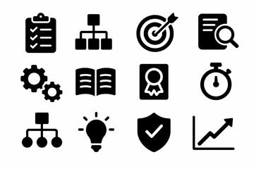 Best practices icon set. Solid vector icons of checklist, workflow, target, gears, book, certificate and progress. Minimal standards collection.