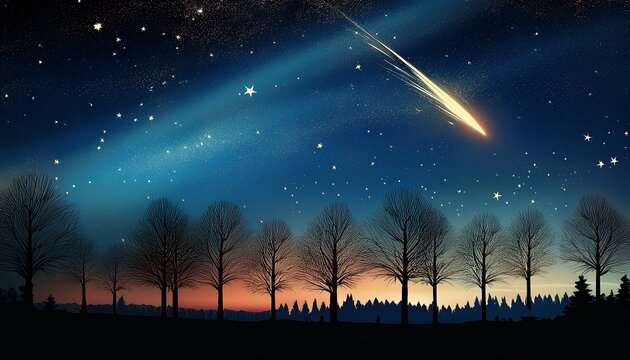 stunning perseids meteor shower over night sky with silhouetted trees comet swift tuttle horizontal banner free space for text world astronomy day