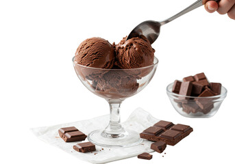 Scooping chocolate ice cream from a glass with chocolate pieces on a white napkin around it on transparent background