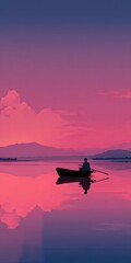 Peaceful sunset on a lake. A lone figure in a boat