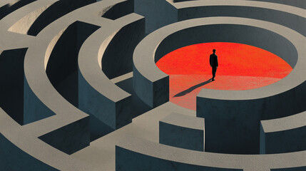 Businessman Silhouette Standing in the Red Center of a Complex Maze