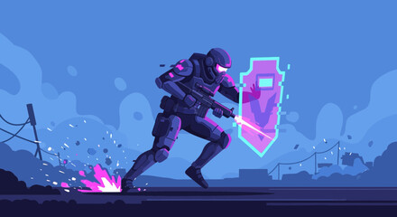 Obraz premium Futuristic soldier advances with shield in war zone vector illustration scene