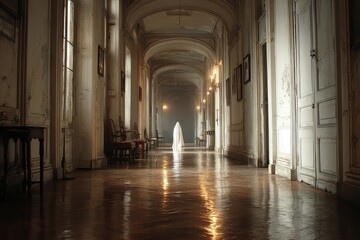 Obraz premium Ghostly figure in a long hall way of a castle