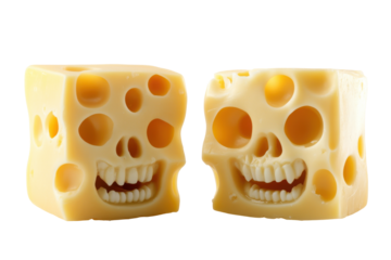 Cheese skulls with grinning teeth isolated on transparent background. Delicious cheese cubes isolated on white background.