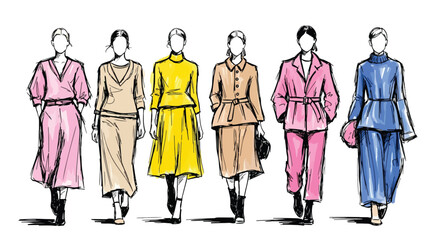 Fashion sketch illustration of models walking runway in stylish business and casual outfits, highlighting modern trends, elegance, and creative design for clothing, branding, and lifestyle projects