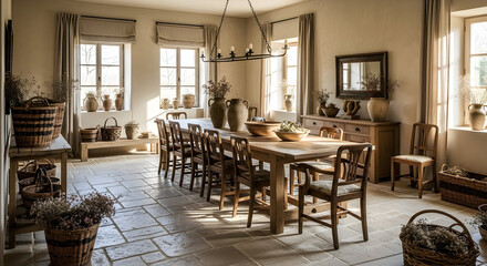 Elegant dining room interior featuring wooden furniture, window light, and decorative elements