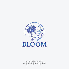 Modern blue floral logo with abstract shape for beauty brand, Elegant hand drawn botanical icon for a boutique or florist, Simple and sophisticated wellness brand logo with a floral watercolor design