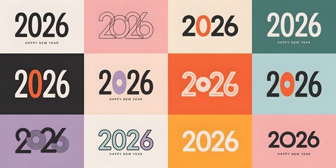 Twelve Unique Happy New Year 2026 Designs in Various Colors and Styles celebration greeting