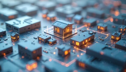 Miniature digital houses on circuit board grid. Futuristic smart city infrastructure, technology network connects homes. Abstract concept illustration urban development, connectivity, future progress.