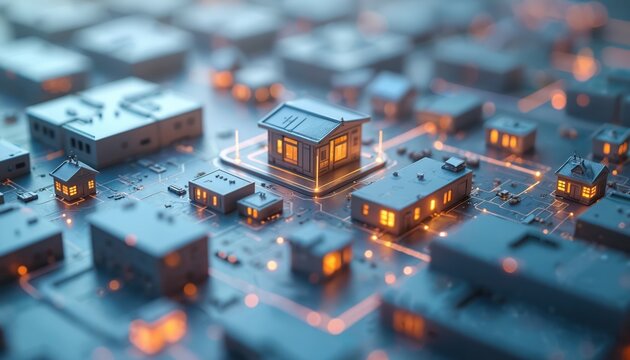 Miniature digital houses on circuit board grid. Futuristic smart city infrastructure, technology network connects homes. Abstract concept illustration urban development, connectivity, future progress.