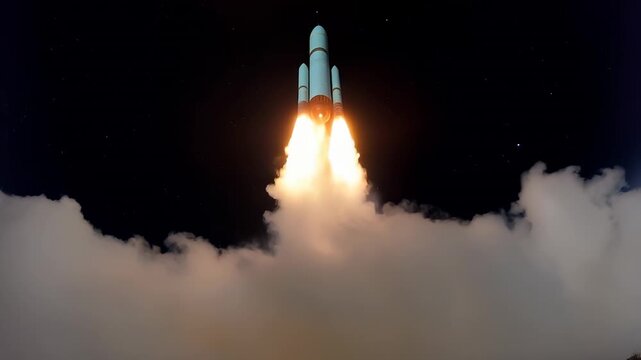 Massive rocket launching vertically through dark atmosphere, generating intense propulsion with brilliant engine flames, creating dramatic smoke plumes against starlit background