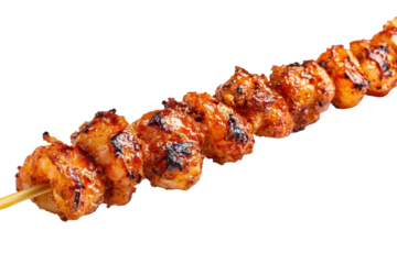 Delicious grilled shrimp skewers with glaze isolated on transparent background. Delicious grilled shrimp skewer isolated on white background.