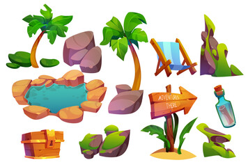 River landscape, with a sign "Adventures are there" and a chaise lounge. Resort, cozy in a cartoon style, beautiful landscape of adventures and travel. Vector