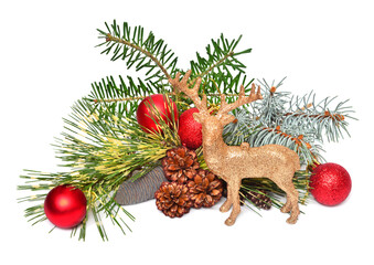 Christmas decorative fir, pine, spruce branch with cones and ball, deer isolated on white background