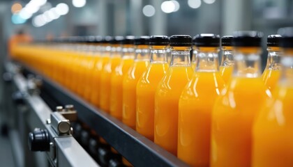 Bottled orange juice production line in factory. Bright orange liquid fills clear bottles on a conveyor belt. Industrial manufacturing process for fresh citrus beverage, bulk supply chain.