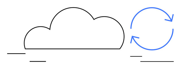 Black outline of a cloud next to blue circular arrows, symbolizing cloud syncing and data transfer. Ideal for technology, networking, data storage, connectivity, cloud computing, process automation