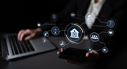 Futuristic digital law interface displaying justice scale, highlighting digital law, AI compliance,...