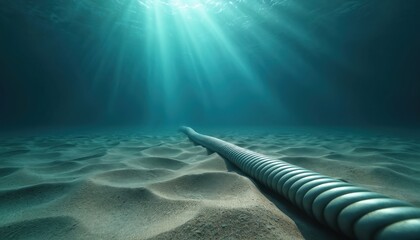 Underwater ocean cable rests on seabed. Sunlight beams filter through blue water, illuminating sand ripples. Technology infrastructure connects global networks via fiber optic data transmission lines