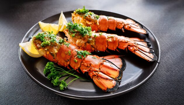perfectly cooked garlic butter lobster tails with parley baked on dark plate