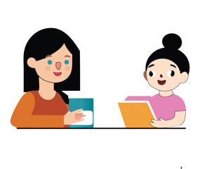 Two cartoon women interacting with books and a cup