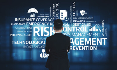 A business professional stands before a digital display, analyzing diverse concepts of risk...
